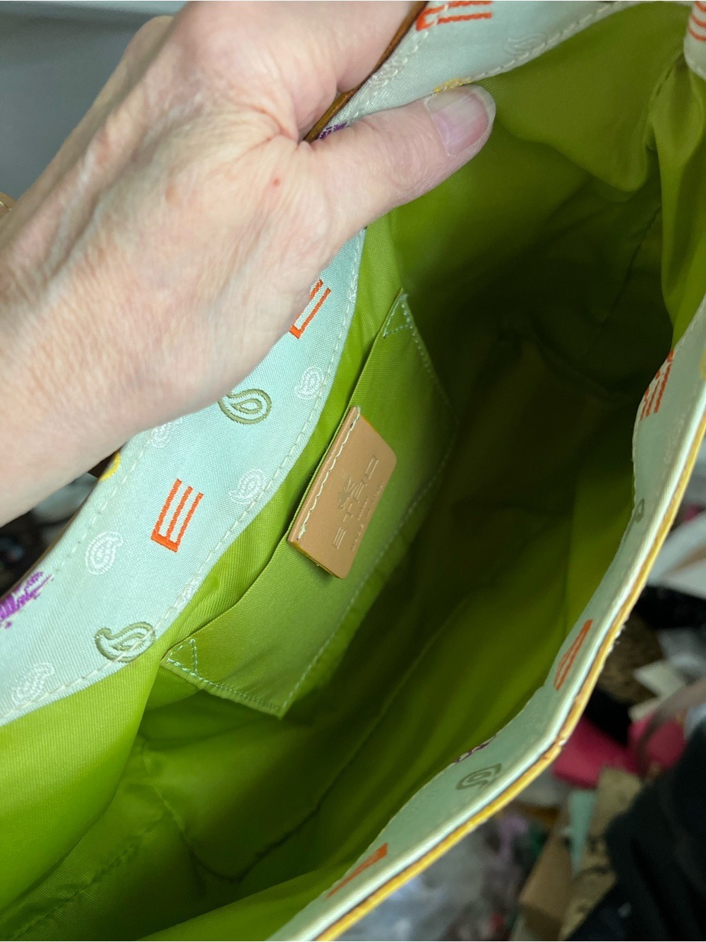 ETRO Light Green Canvas Shoulder Bag with Tan Leather Trim SERIAL NUMBER PHOTO - Picture 9 of 13